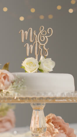 Vertical-Video-Close-Up-Of-Wedding-Cake-On-Stand-Against-Grey-Studio-Background-At-Wedding-Reception-3